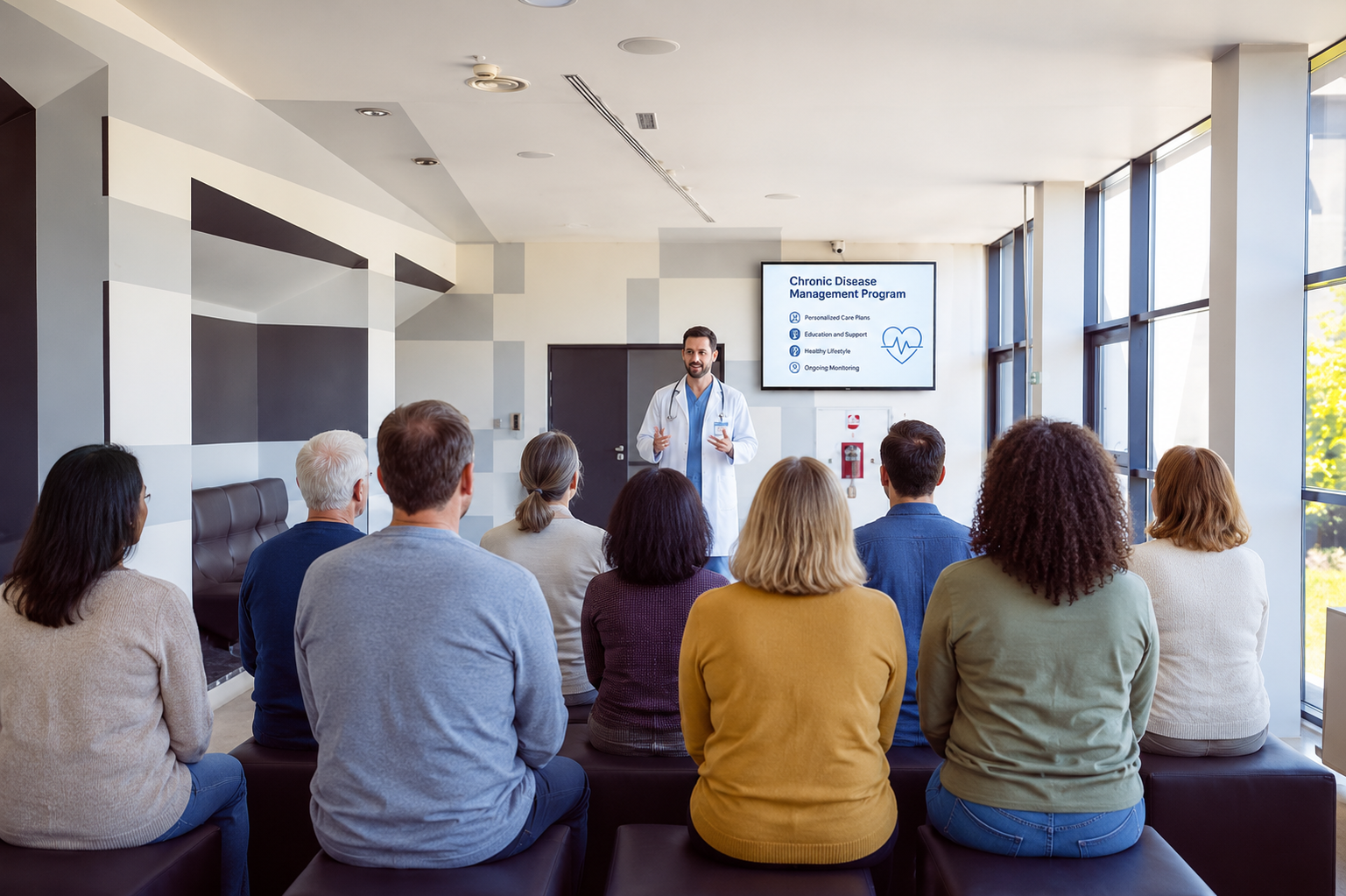 Doctor explaining the group coaching program to patients